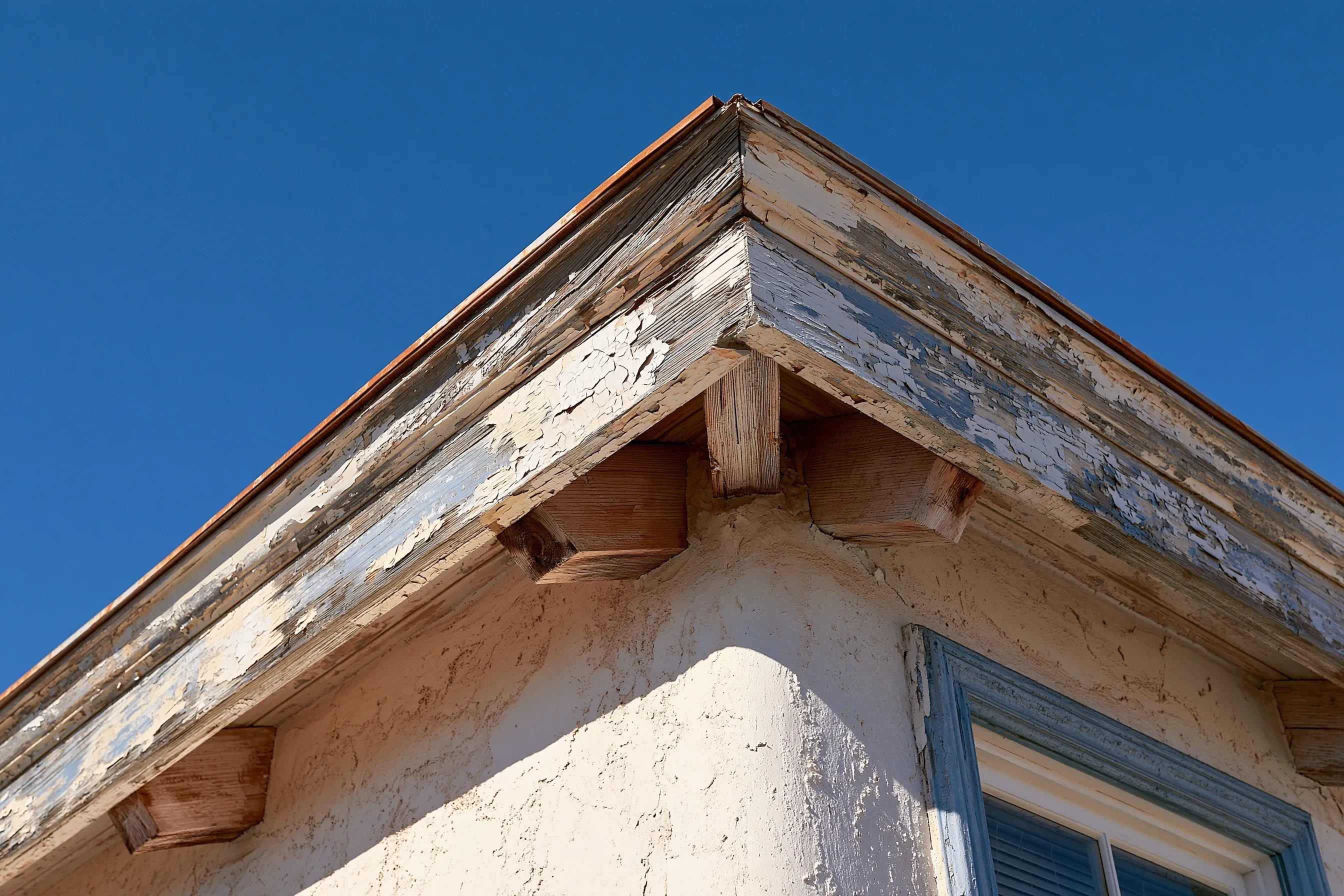 Corner of a stucco house with wood fascia and rake boards peeling to bare wood above a blue window frame